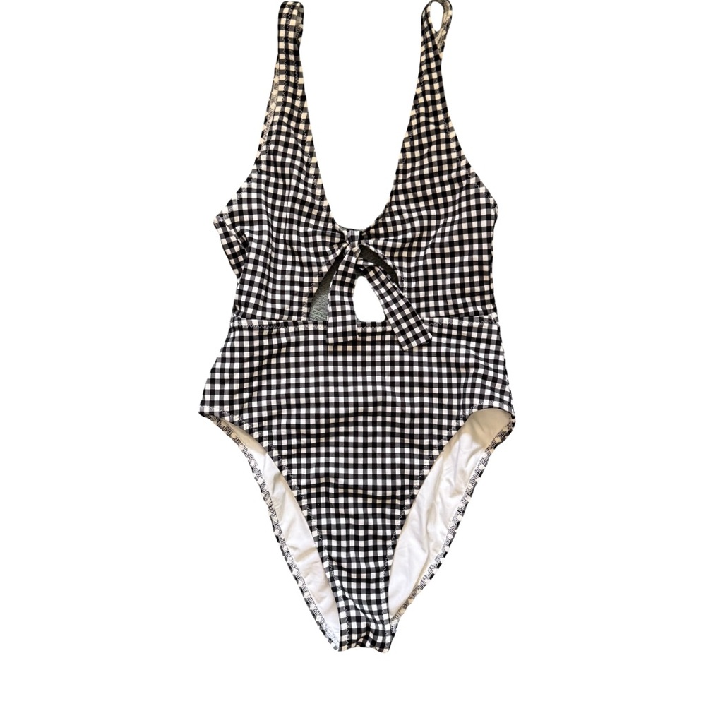 Ele Swims Black & White Gingham Cutout One-Piece Swimsuit with Front Tie S